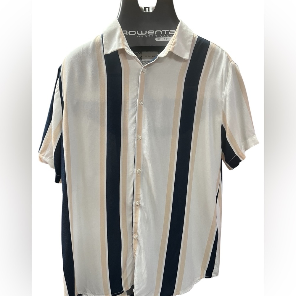Denim & Flower Ricky Singh Navy and white  and light pink Striped Casual Shirt L